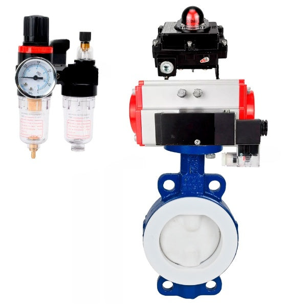 Water Butterfly Valve Elephant WBV3434Pf-2W-Fb-H, body material - Carbon steel, disk material - Carbon steel, seal - PTFE, pneumatic actuator PA-SA with return springs, 4M310-08 24V, BKV APL-410N EX BPV AFC2000