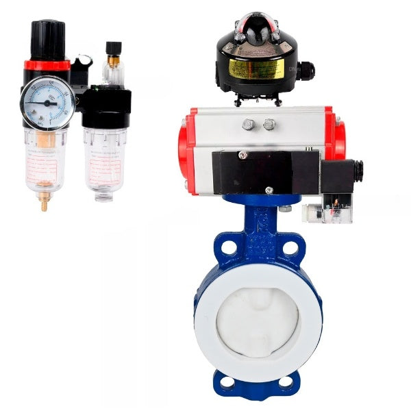 Water Butterfly Valve Elephant WBV3434Pf-2W-Fb-H, body material - Carbon steel, disk material - Carbon steel, seal - PTFE, pneumatic actuator PA-SA with return springs, 4M310-08 220V, BKV APL-510N EX, BPV AFC2000