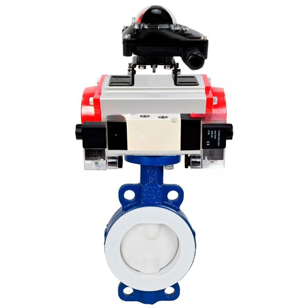 Water Butterfly Valve Elephant WBV3434Pf-2W-Fb-H, body material - Carbon steel, disk material - Carbon steel, seal - PTFE, pneumatic actuator PA-SA with return springs, 4V320-10 220V, BKV APL-210N