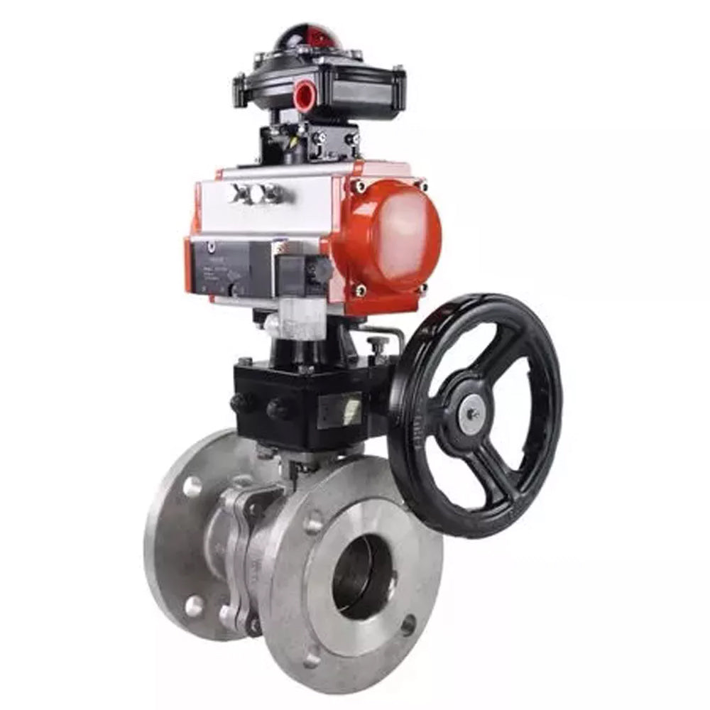 Ball valves Elephant BV3232P(2pc)-FP-F-ISO-H,  body material - Stainless steel AISI 316, seal - PTFE / PTFE / Teflon, with pneumatic actuator double action PA-DA, 4V320-10 220V, BKV APL-210N, handwheel MON