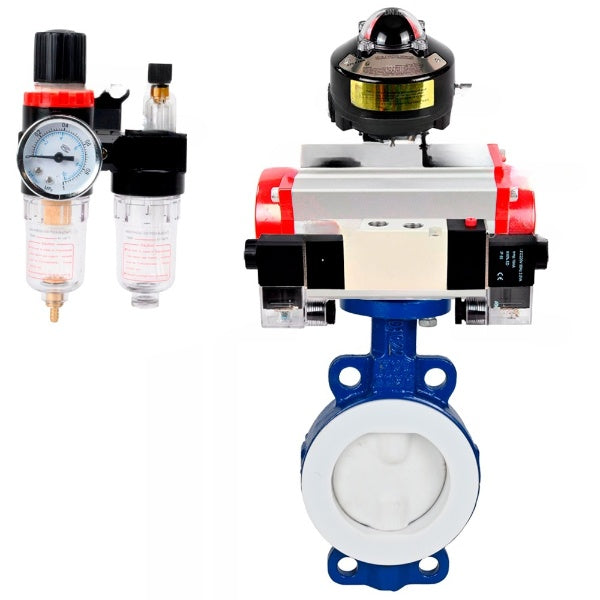 Water Butterfly Valve Elephant WBV3434Pf-2W-Fb-H, body material - Carbon steel, disk material - Carbon steel, seal - PTFE, pneumatic actuator PA-SA with return springs, 4V320-08 220V, BKV APL-510N EX, BPV AFC2000