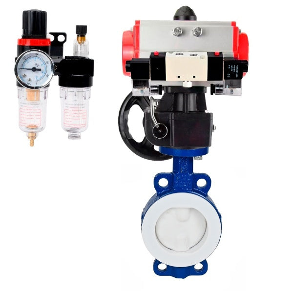 Water Butterfly Valve Elephant WBV3434Pf-2W-Fb-H, body material - Carbon steel, disk material - Carbon steel, seal - PTFE, pneumatic actuator PA-DA double action, 4V320-08 220V handwheel MON, BPV AFC2000