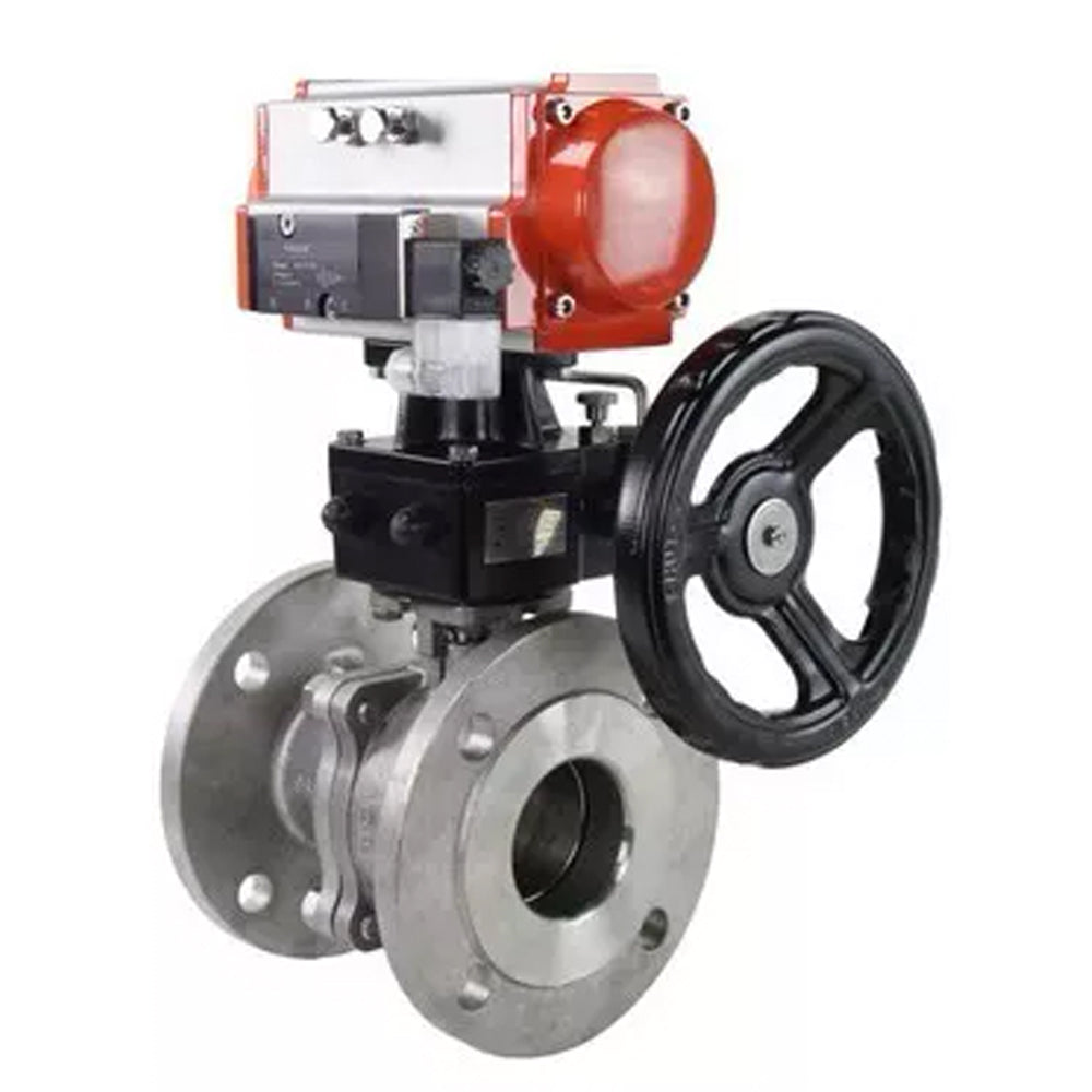 Ball valves Elephant BV3232P(2pc)-FP-F-ISO-H,  body material - Stainless steel AISI 316, seal - PTFE / PTFE / Teflon, with pneumatic actuator double action PA-DA, 4V320-10 220V, handwheel MON