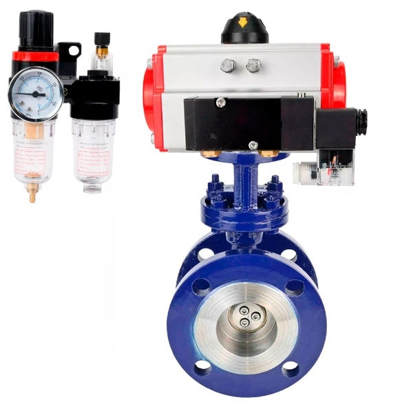 Water Butterfly Valve Elephant WBV3EX-3431M-1W-F-ISO, body material - Carbon steel, disk material - Stainless steel AISI 304, seal - Metal, pneumatic actuator PA-DA double action, 4M310-08 220V BPV AFC2000