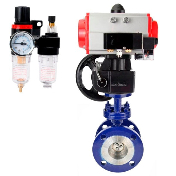 Water Butterfly Valve Elephant WBV3EX-3431M-1W-F-ISO, body material - Carbon steel, disk material - Stainless steel AISI 304, seal - Metal, pneumatic actuator PA-DA double action, 4M310-08 220V handwheel MON, BPV AFC2000