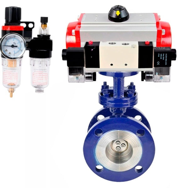 Water Butterfly Valve Elephant WBV3EX-3432M-1W-F-ISO, body material - Carbon steel, disk material - Stainless steel AISI 316, seal - Metal, pneumatic actuator PA-DA double action, 4V320-08 220V BPV AFC2000