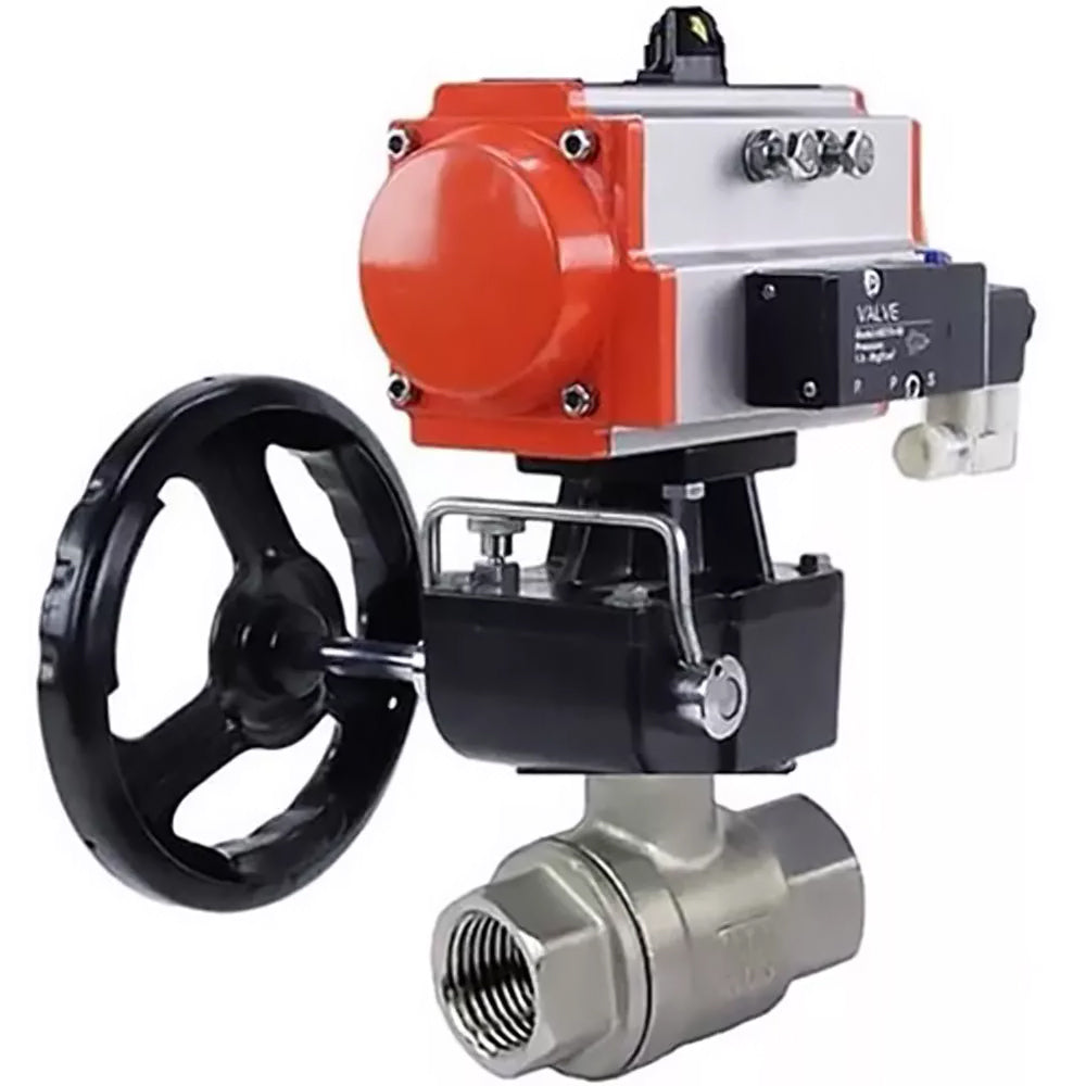 Ball valves Elephant BV3232P(2pc)-FP-T-ISO-H,  body material - Stainless steel AISI 316, seal - PTFE / PTFE / Teflon, with pneumatic actuator double action PA-DA, 4V320-10 220V, handwheel MON