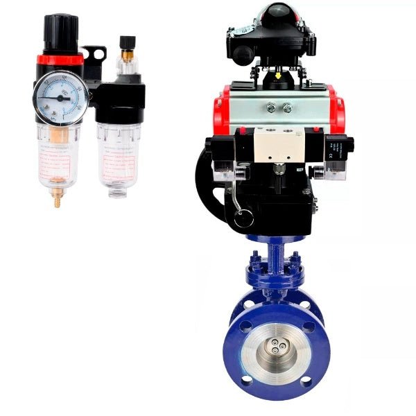 Water Butterfly Valve Elephant WBV3EX-3431M-1W-F-ISO, body material - Carbon steel, disk material - Stainless steel AISI 304, seal - Metal, pneumatic actuator PA-DA double action, 4V320-08 220V, BKV APL-210N, handwheel MON, BPV AFC2000