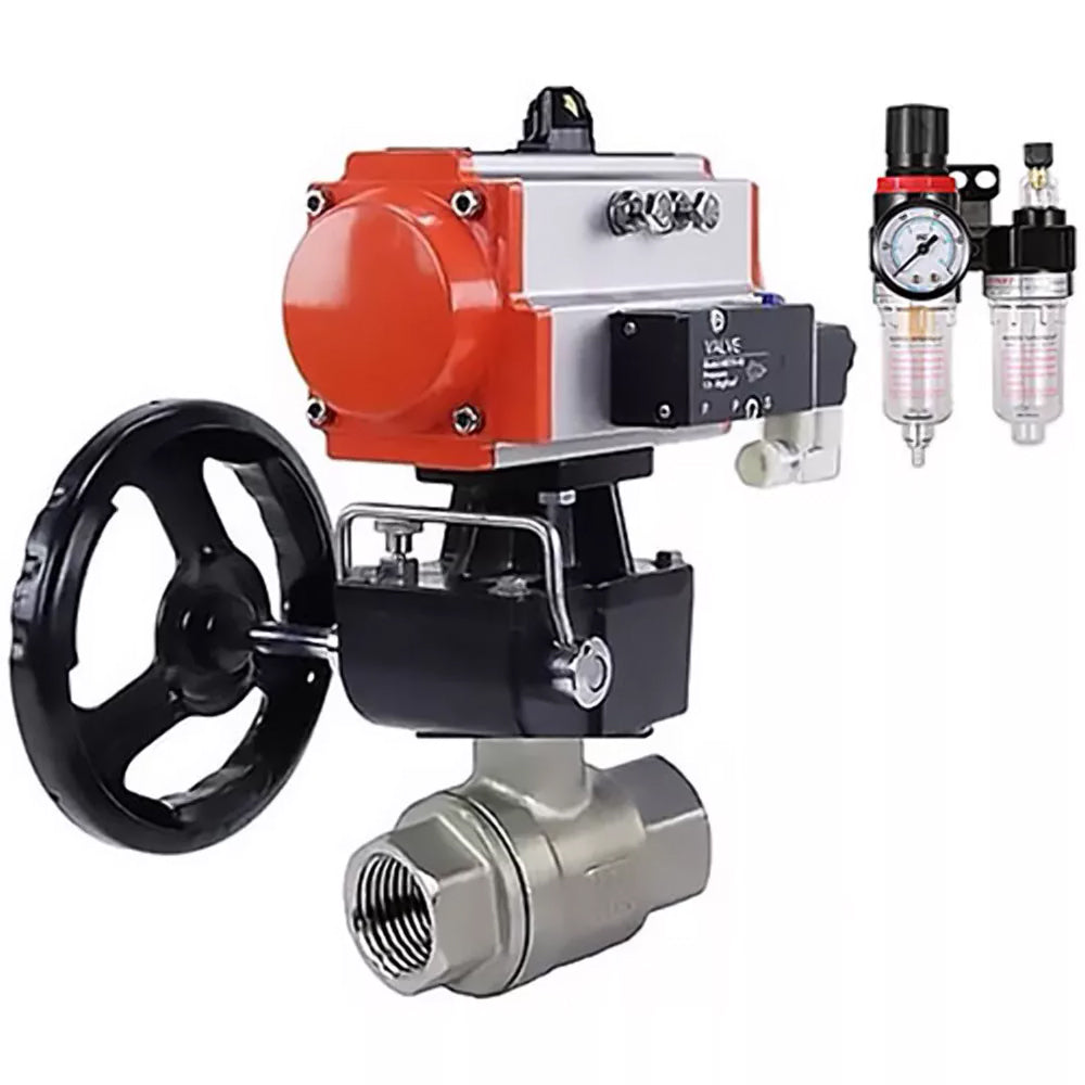 Ball valves Elephant BV3232P(2pc)-FP-T-ISO-H,  body material - Stainless steel AISI 316, seal - PTFE / PTFE / Teflon, with pneumatic actuator double action PA-DA, 4V320-10 220V, handwheel MON, BPV AFC2000