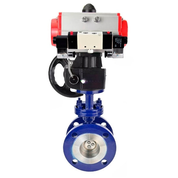 Water Butterfly Valve Elephant WBV3EX-3431M-1W-F-ISO, body material - Carbon steel, disk material - Stainless steel AISI 304, seal - Metal, pneumatic actuator PA-DA double action, 4V320-10 220V handwheel MON,