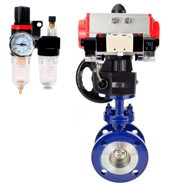 Water Butterfly Valve Elephant WBV3EX-3431M-1W-F-ISO, body material - Carbon steel, disk material - Stainless steel AISI 304, seal - Metal, pneumatic actuator PA-DA double action, 4V320-10 220V handwheel MON, BPV AFC2000