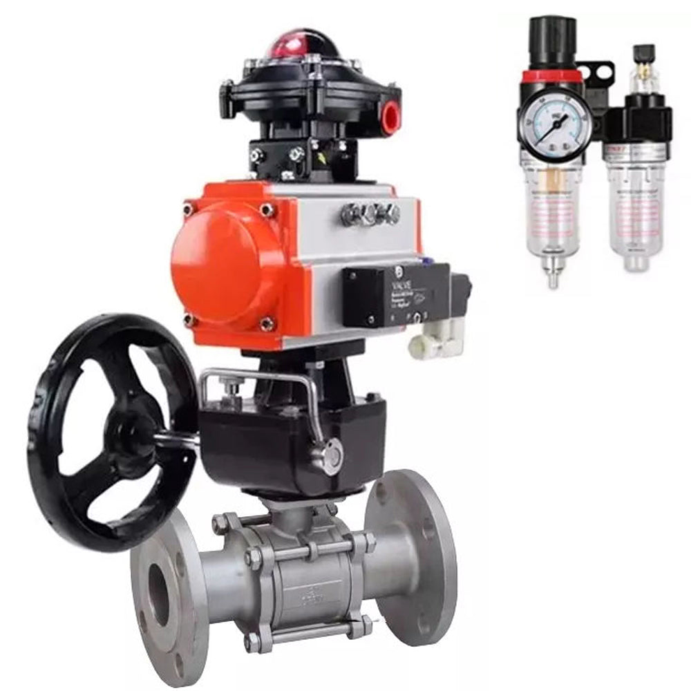 Ball valves Elephant BV3131P(3pc)-FP-F-ISO-H,  body material - Stainless steel AISI 304, seal - PTFE / PTFE / Teflon, with pneumatic actuator double action PA-DA, 4V320-10 220V, BKV APL-210N, handwheel MON, BPV AFC2000