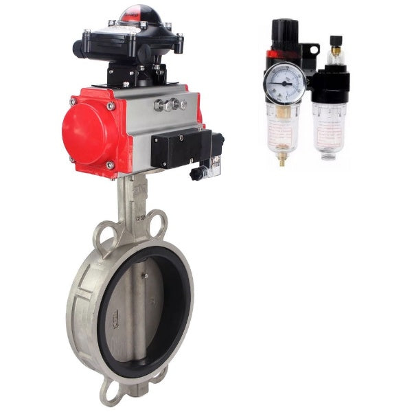 Butterfly valve Elephant WBV3232N-2W-Fb-H, body material - stainless steel AISI 316L, disk material - stainless steel AISI 316L, seal - NBR, with pneumatic actuator double action PA-DA, 4V320-10 220V, LSU APL-210N, ATU AFC2000