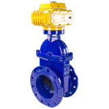 Wedge gate valve Elephant GVWN1414E-2W-F flange connection, body material - cast iron GGG50, wedge material - rubber, seal - EPDM, color - blue, with a non-rising spindle, electric actuator Elephant MT-200-220, 220V