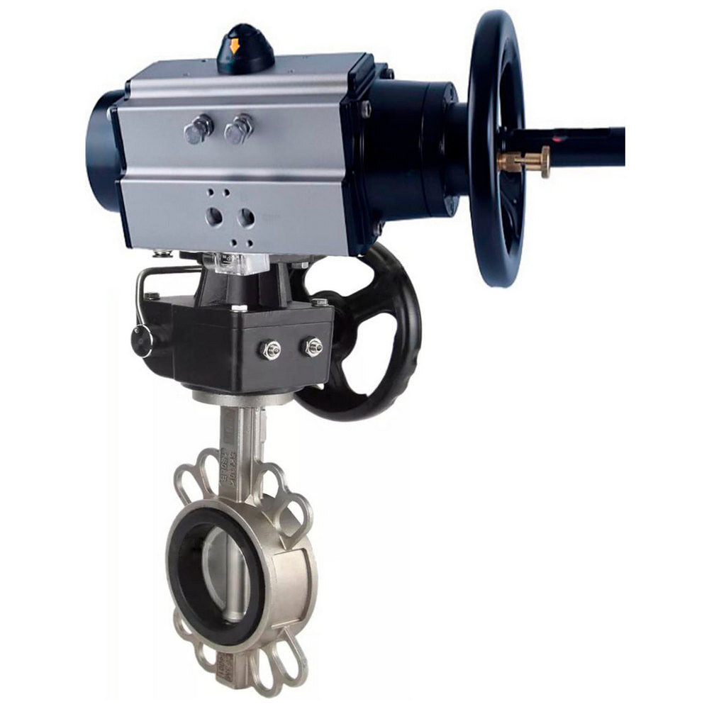 Water Butterfly Valve Elephant WBV3232V-2W-Fb body material - Stainless steel AISI 316L/1.4404, disk material - Stainless steel AISI 316L/1.4404, seal - Viton with pneumatic actuator double acting PA-DA-105-1, manual duplicator MON3-700-T38-ISO