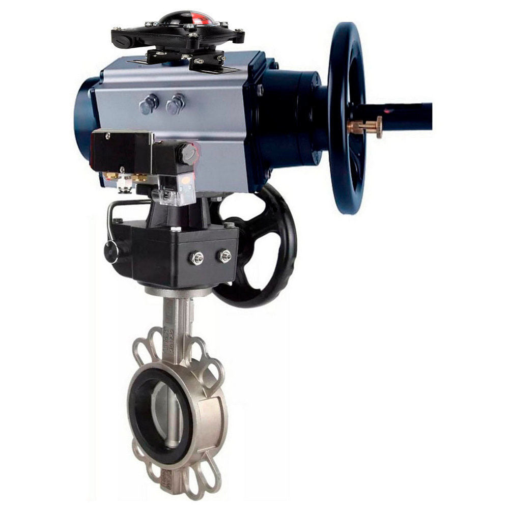 Water Butterfly Valve Elephant WBV3432N-2W-Fb body material - Carbon steel, disk material - Stainless steel AISI 316L/1.4404, seal - NBR with pneumatic actuator double acting PA-DA-105-1, pneumatic distributor 4M310-08, limit switch APL-210N, manual