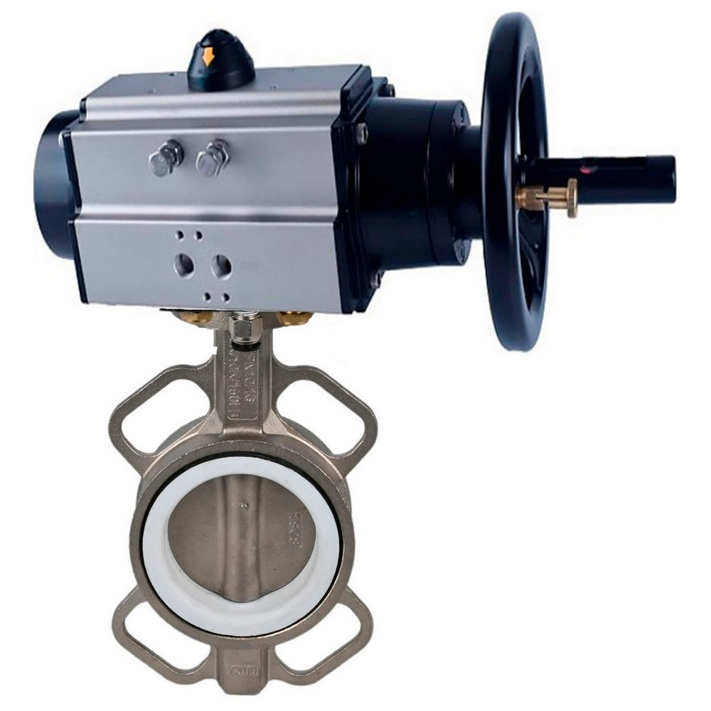 Water Butterfly Valve Elephant WBV3432P-2W-Fb body material - Carbon steel, disk material - Stainless steel AISI 316L/1.4404, seal - PTFE with pneumatic actuator double acting PA-DA-105-1