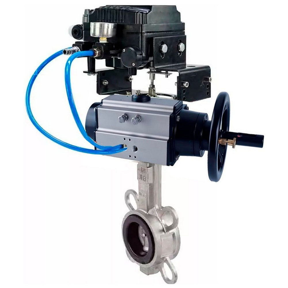 Water Butterfly Valve Elephant WBV3432V-2W-Fb body material - Carbon steel, disk material - Stainless steel AISI 316L/1.4404, seal - Viton with pneumatic actuator double acting PA-DA-105-1 and electropneumatic rotary positioner YT-1000RSN without feedback