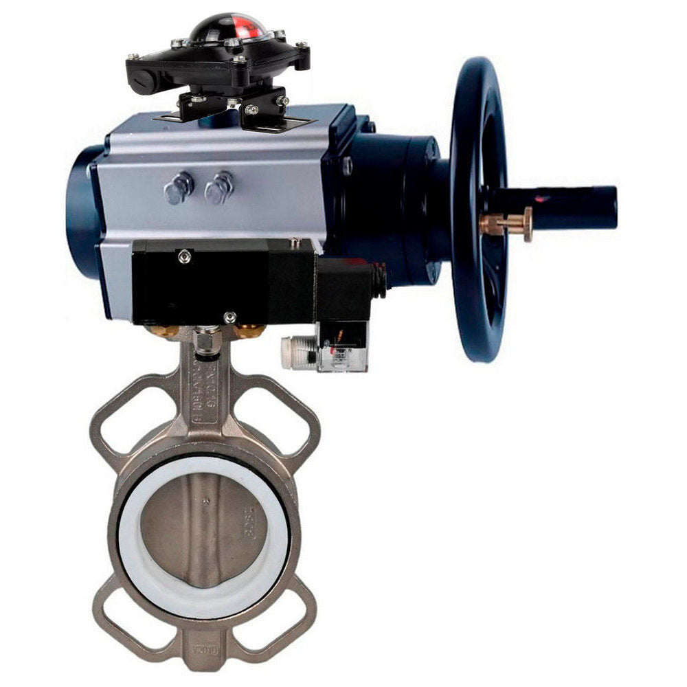 Water Butterfly Valve Elephant WBV3432N-2W-Fb body material - Carbon steel, disk material - Stainless steel AISI 316L/1.4404, seal - NBR with pneumatic actuator double acting PA-DA-105-1, pneumatic distributor 4M310-08, limit switch APL-510N-EX