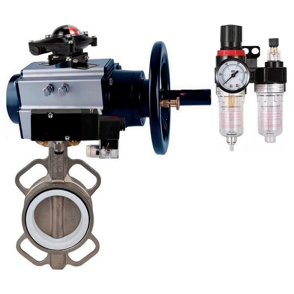 Water Butterfly Valve Elephant WBV3432P-2W-Fb body material - Carbon steel, disk material - Stainless steel AISI 316L/1.4404, seal - PTFE with pneumatic actuator double acting PA-DA-105-1, pneumatic distributor 4M310-08, limit switch APL-510N-EX, water