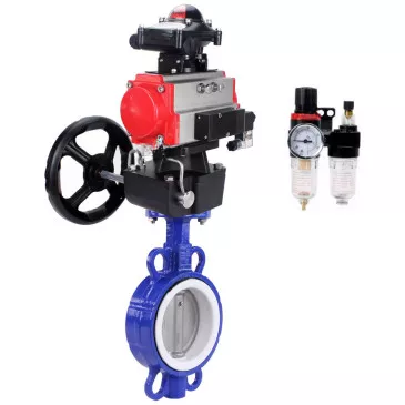 Water Butterfly Valve Elephant WBV3432P-2W-Fb-H, body - carbon steel WCB, seal - PTFE, with pneumatic drive PA-DA, with pneumatic distributor 4V320-10 220V, BKV APL-410N Ex, manual override MON, BPV AFC2000