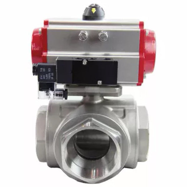 Ball valves Elephant BV3232P(4pc)-SP-3WL-T-ISO-H,  body material - Stainless steel AISI 316, seal - PTFE / PTFE / Teflon, with pneumatic actuator double action PA-DA, 4V320-10 220V