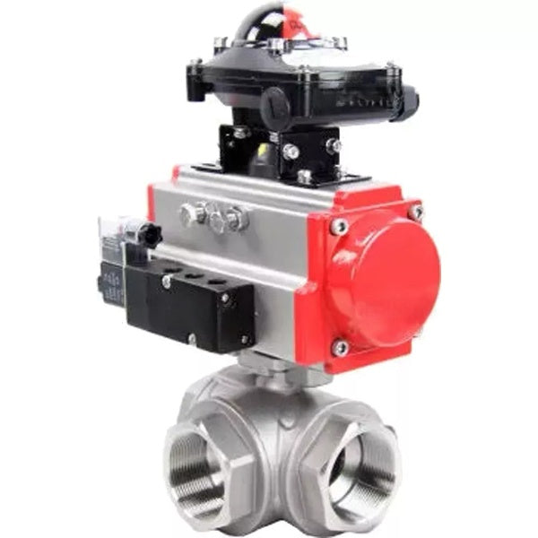 Ball valves Elephant BV3232P(4pc)-SP-3WL-T-ISO-H,  body material - Stainless steel AISI 316, seal - PTFE / PTFE / Teflon, with pneumatic actuator with return springs PA-SA, 4V320-08 220V, BKV APL-210N