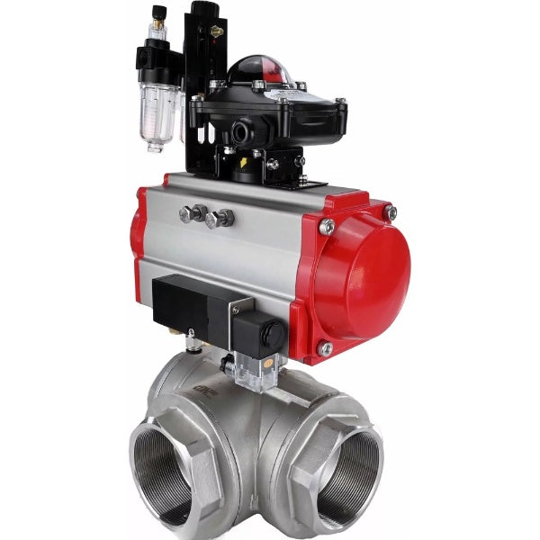 Ball valves Elephant BV3232P(4pc)-SP-3WL-T-ISO-H,  body material - Stainless steel AISI 316, seal - PTFE / PTFE / Teflon, with pneumatic actuator with return springs PA-SA, 4V320-08 220V, LSU APL-210N, ATU AFC2000