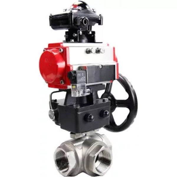 Ball valves Elephant BV3232P(4pc)-SP-3WL-T-ISO-H,  body material - Stainless steel AISI 316, seal - PTFE / PTFE / Teflon, with pneumatic actuator double action PA-DA, 4V320-10 220V, BKV APL-410N Ex, handwheel MON