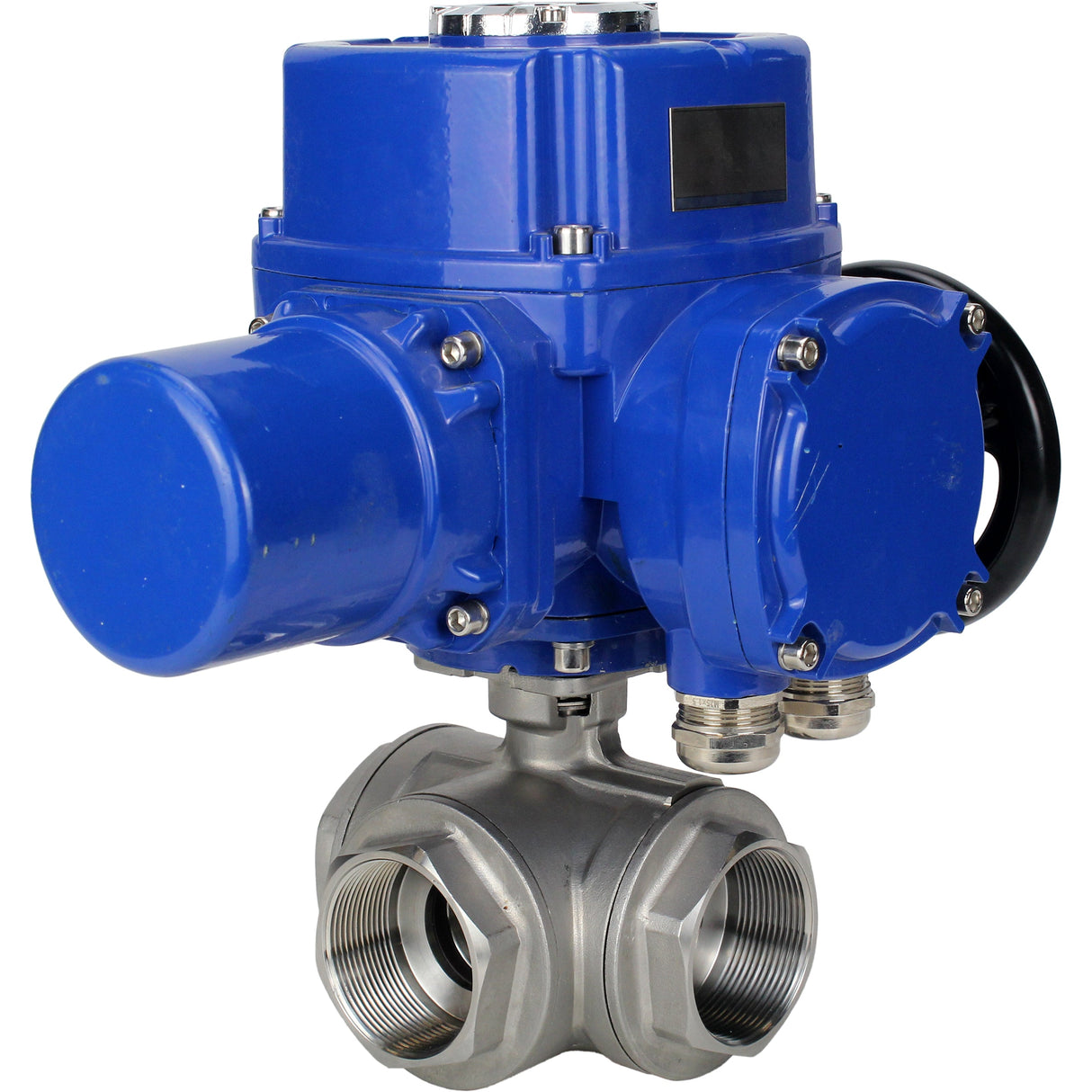 Stainless steel ball valve Elephant RP.SS316.200.MM.ISO 63 bar threaded, standard port, three way, L-type, body material - stainless steel AISI 316, with quater-turn electric actuator Elephant QT-W (M) 380V