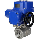 Stainless steel ball valve Elephant RP.SS316.200.MM.ISO 63 bar threaded, standard port, three way, L-type, body material - stainless steel AISI 316, with quater-turn electric actuator Elephant QT-W (M) 380V
