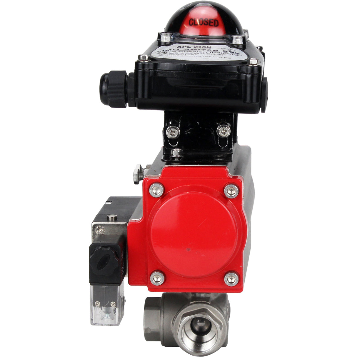 Stainless steel ball valve Elephant 3h-l-rpss316200mm-iso-pnevpr-sa-rasp-24v-lsu, body material - stainless steel AISI 316, ball material - stainless steel AISI 316, seal - PTFE, pneumatic actuator operated