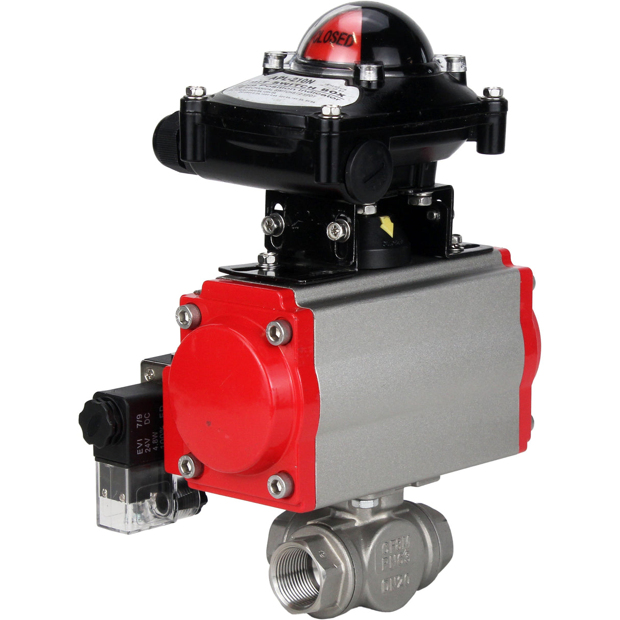 Stainless steel ball valve Elephant 3h-l-rpss316200mm-iso-pnevpr-sa-rasp-24v-lsu, body material - stainless steel AISI 316, ball material - stainless steel AISI 316, seal - PTFE, pneumatic actuator operated