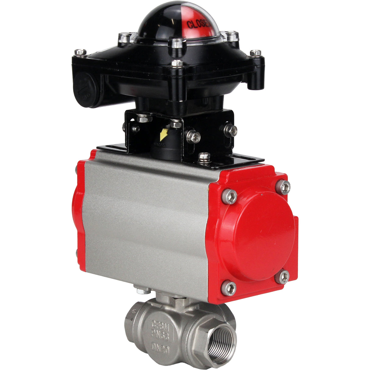 Stainless steel ball valve Elephant 3h-l-rpss316200mm-iso-pnevpr-sa-rasp-24v-lsu, body material - stainless steel AISI 316, ball material - stainless steel AISI 316, seal - PTFE, pneumatic actuator operated