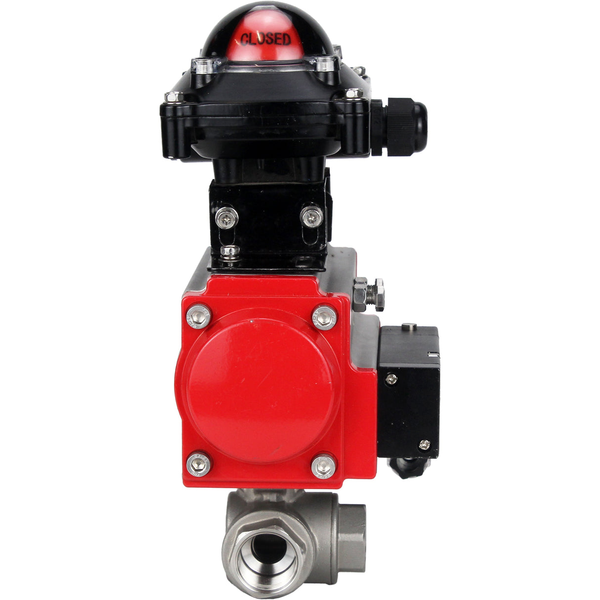 Stainless steel ball valve Elephant 3h-l-rpss316200mm-iso-pnevpr-sa-rasp-24v-lsu, body material - stainless steel AISI 316, ball material - stainless steel AISI 316, seal - PTFE, pneumatic actuator operated