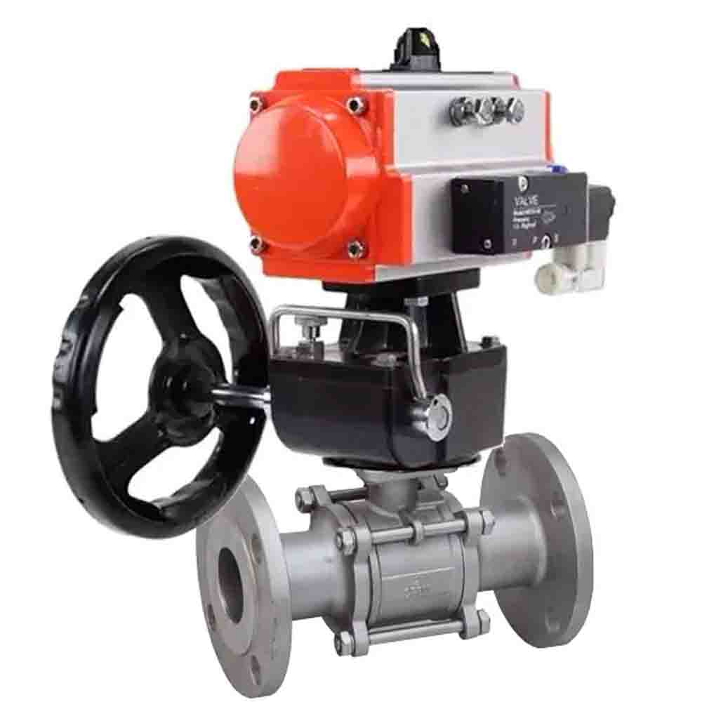 Ball valves Elephant BV3232P(3pc)-FP-F-ISO-H,  body material - Stainless steel AISI 316, seal - PTFE / PTFE / Teflon, with pneumatic actuator double action PA-DA, 4V320-10 220V, handwheel MON