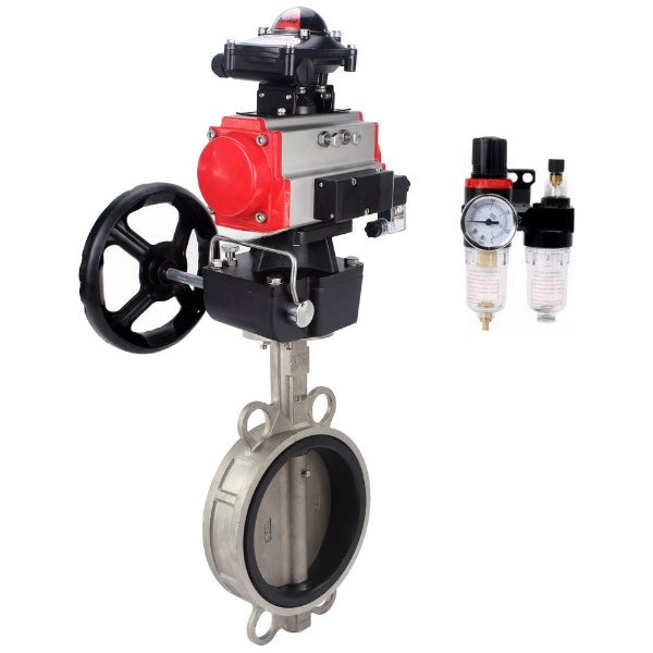 Butterfly valve Elephant WBV3232E-2W-Fb-H, body material - stainless steel AISI 316L, disk material - stainless steel AISI 316L, seal - EPDM, with pneumatic actuator double action PA-DA, 4V320-10 220V, LSU APL-410N Ex, handwheel MON, ATU AFC2000