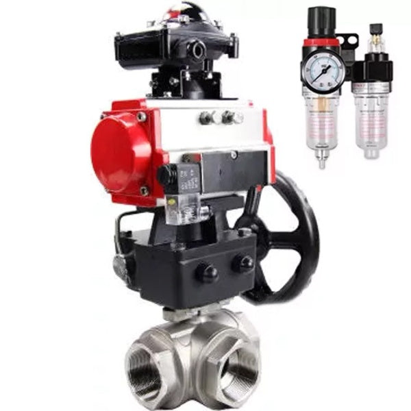 Ball valves Elephant BV3232P(4pc)-SP-3WL-T-ISO-H,  body material - Stainless steel AISI 316, seal - PTFE / PTFE / Teflon, with pneumatic actuator double action PA-DA, 4V320-08 220V, BKV APL-410N Ex, handwheel MON, BPV AFC2000