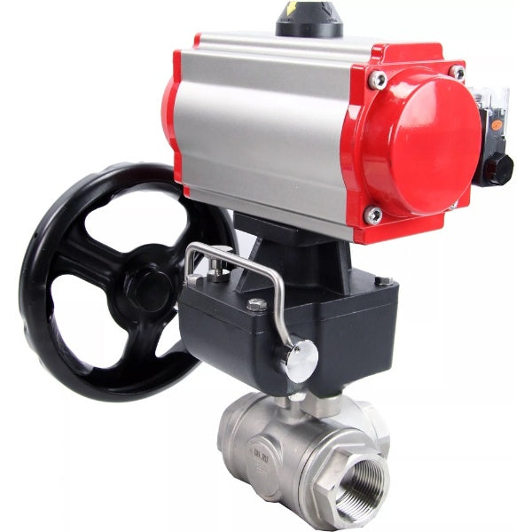 Ball valves Elephant BV3232P(4pc)-SP-3WL-T-ISO-H,  body material - Stainless steel AISI 316, seal - PTFE / PTFE / Teflon, with pneumatic actuator double action PA-DA, 4V320-08 220Vhandwheel MON