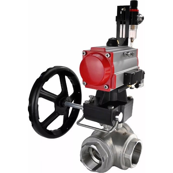 Ball valves Elephant BV3232P(4pc)-SP-3WL-T-ISO-H,  body material - Stainless steel AISI 316, seal - PTFE / PTFE / Teflon, with pneumatic actuator double action PA-DA, 4V320-08 220Vhandwheel MON, BPV AFC2000