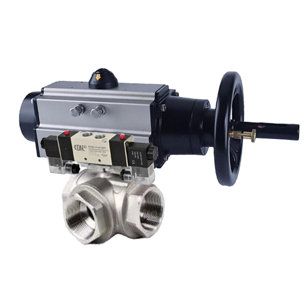 Ball valves Elephant BV3232P(4pc)-SP-3WL-T-ISO-H,  body material - Stainless steel AISI 316, seal - PTFE / PTFE / Teflon, with pneumatic actuator double action PA-DA-105-1, 4V320-08 220V