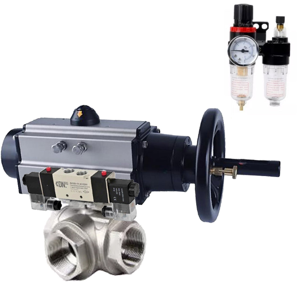 Ball valves Elephant BV3232P(4pc)-SP-3WL-T-ISO-H,  body material - Stainless steel AISI 316, seal - PTFE / PTFE / Teflon, with pneumatic actuator double action PA-DA-105-1, 4V320-08 220V, BPV AFC2000