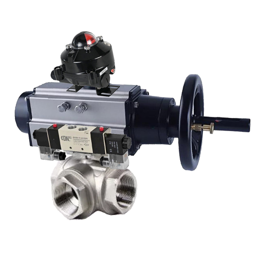 Ball valves Elephant BV3232P(4pc)-SP-3WL-T-ISO-H,  body material - Stainless steel AISI 316, seal - PTFE / PTFE / Teflon, with pneumatic actuator double action PA-DA-105-1, 4V320-10 220V, BKV APL-410N Ex