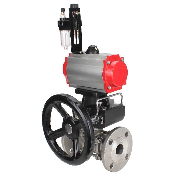 Ball valves Elephant BV3232P(3pc)-FP-F-ISO-H,  body material - Stainless steel AISI 316, seal - PTFE / PTFE / Teflon, with pneumatic actuator double action PA-DA, 4V320-10 220V, handwheel MON, BPV AFC2000