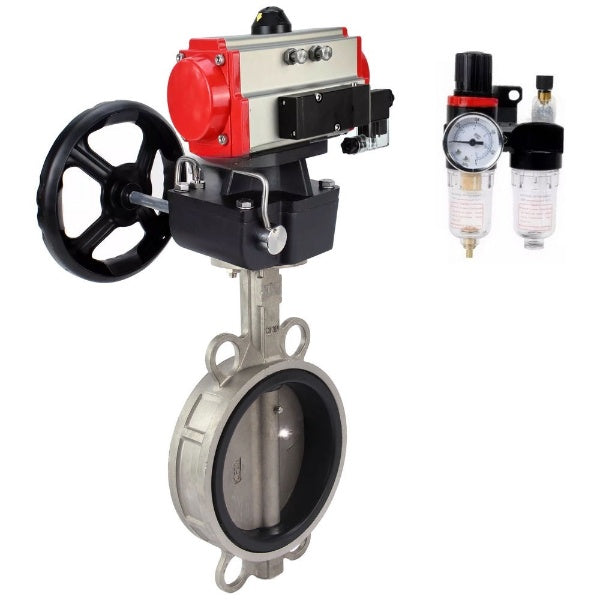 Butterfly valve Elephant WBV3232E-2W-Fb-H, body material - stainless steel AISI 316L, disk material - stainless steel AISI 316L, seal - EPDM, with pneumatic actuator double action PA-DA, 4V320-10 220V, handwheel MON, BPV AFC2000