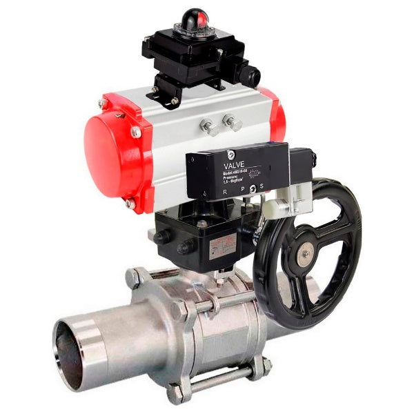 Ball valves Elephant BV3232P(3pc)-FP-W-ISO-H LONG,  body material - Stainless steel AISI 316, seal - PTFE / PTFE / Teflon, with pneumatic actuator double action PA-DA, 4V320-10 220V, BKV APL-410N Ex, handwheel MON