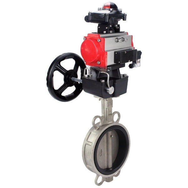 Butterfly valve Elephant WBV3232E-2W-Fb-H, body material - stainless steel AISI 316L, disk material - stainless steel AISI 316L, seal - EPDM, with pneumatic actuator double action PA-DA, 4V320-10 220V, BKV APL-210N, handwheel MON