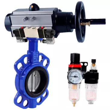 Water Butterfly Valve Elephant WBV3432V-2W-Fb-H, body - carbon steel WCB, disk - stainless steel 316L, seal - VITON, with pneumatic drive PA-DA-105-1, with pneumatic distributor 4V320-08 220V, BPV AFC2000