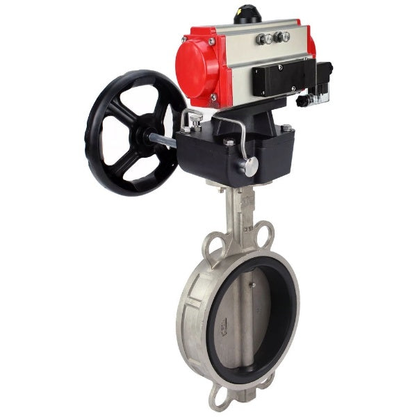 Butterfly valve Elephant WBV3232E-2W-Fb-H, body material - stainless steel AISI 316L, disk material - stainless steel AISI 316L, seal - EPDM, with pneumatic actuator double action PA-DA, 4V320-10 220V, handwheel MON