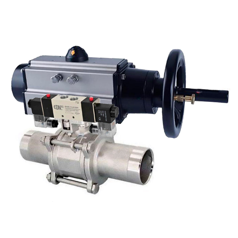 Ball valves Elephant BV3232P(3pc)-FP-W-ISO-H LONG,  body material - Stainless steel AISI 316, seal - PTFE / PTFE / Teflon, with pneumatic actuator double action PA-DA-105-1, 4V320-10 220V